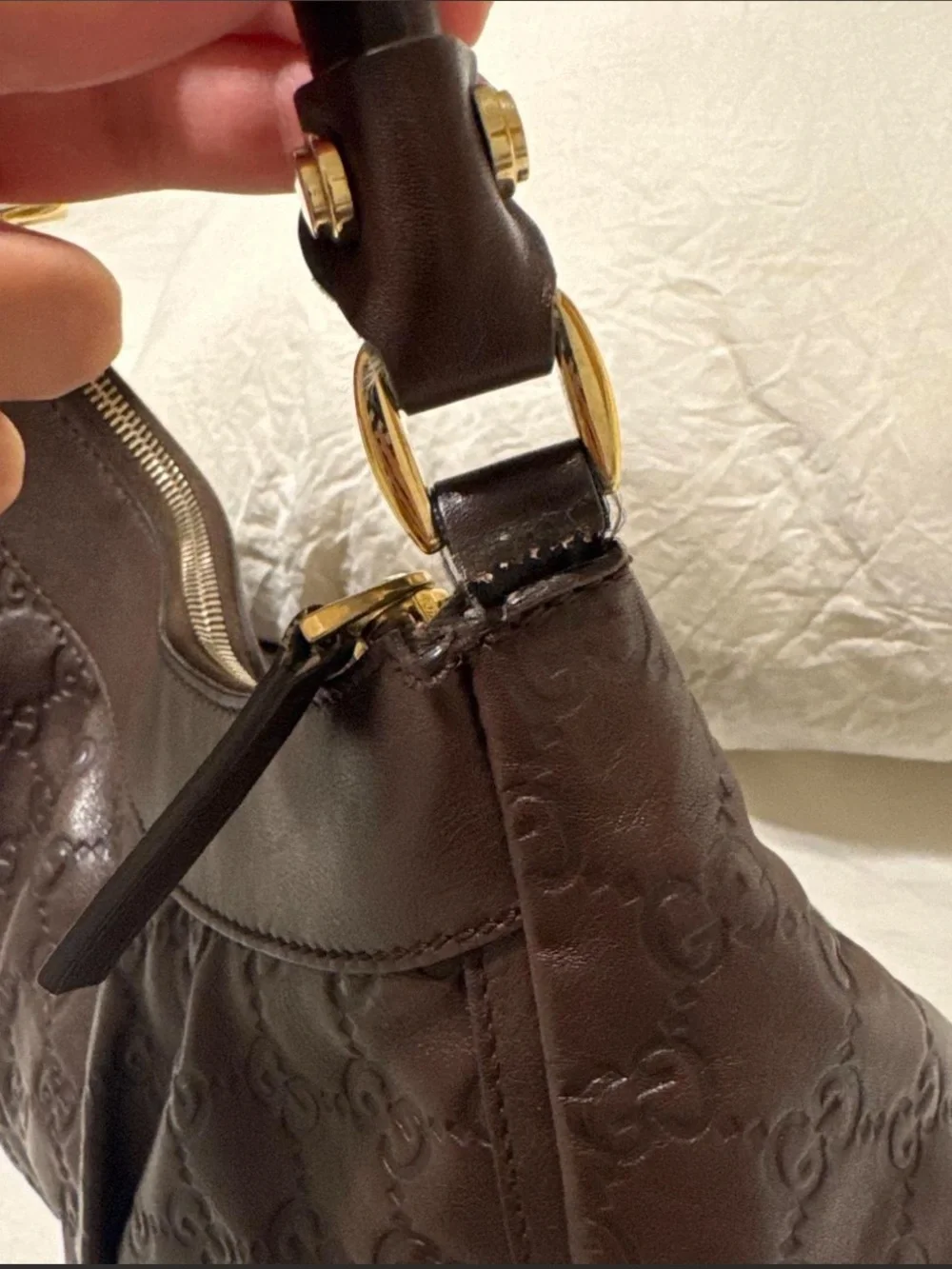 Gucci Brown Leather Monogram Hobo with Gold Hardware